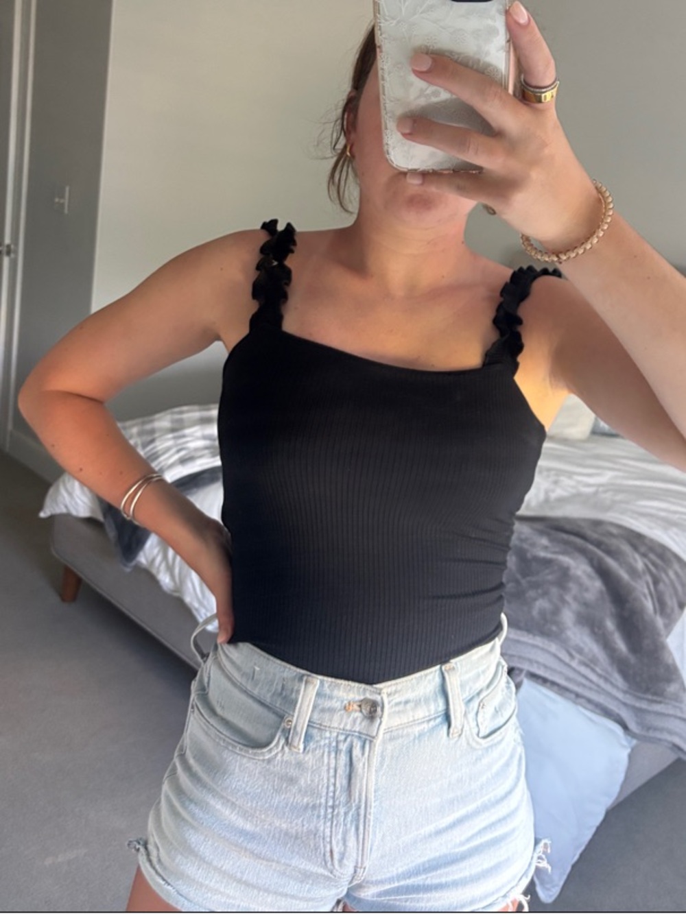 Hollister Black Ribbed Bodysuit with Ruffled Straps